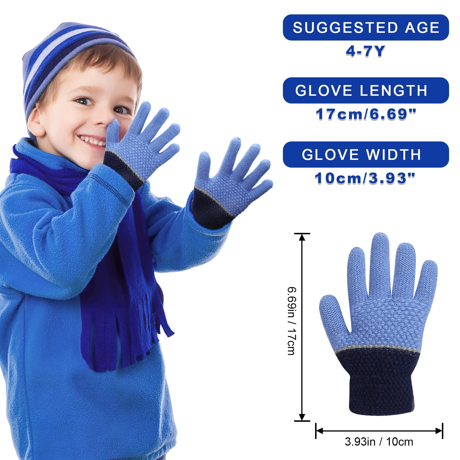 TAGVO Guantes de punto para niños pequeños, resistentes al viento, gruesos, térmicos, para niñas, niños, guantes elásticos para niños, 3 pares para exteriores (3 a 5 años)