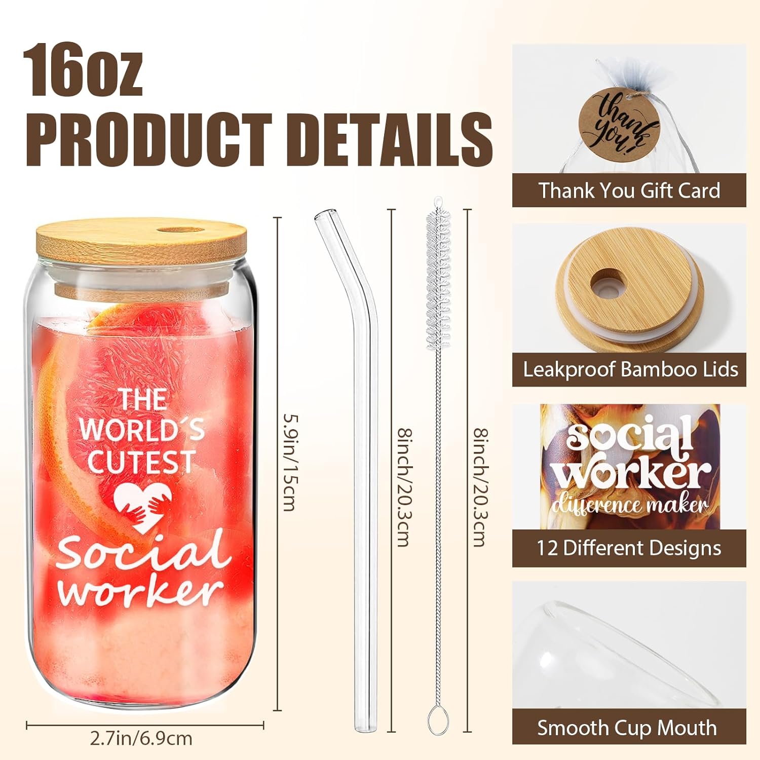 12 Set Social Worker Appreciation Gifts Bulk Christmas Gifts for Social Worker Employee Coworker Team Staff Thank You Gifts Glass Cups 16 oz with Lids Straws Brushes and Gift Cards - Image 3