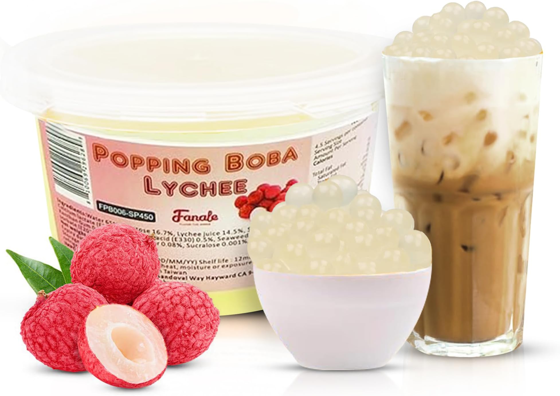 Fanale Lychee Popping Boba Pearls, Vegan, Non GMO, Gluten Free, Fat Free, Perfect for Bubble Tea, Smoothies, Ice Cream, Desserts, and Beverages1 Pound (Pack of 1).