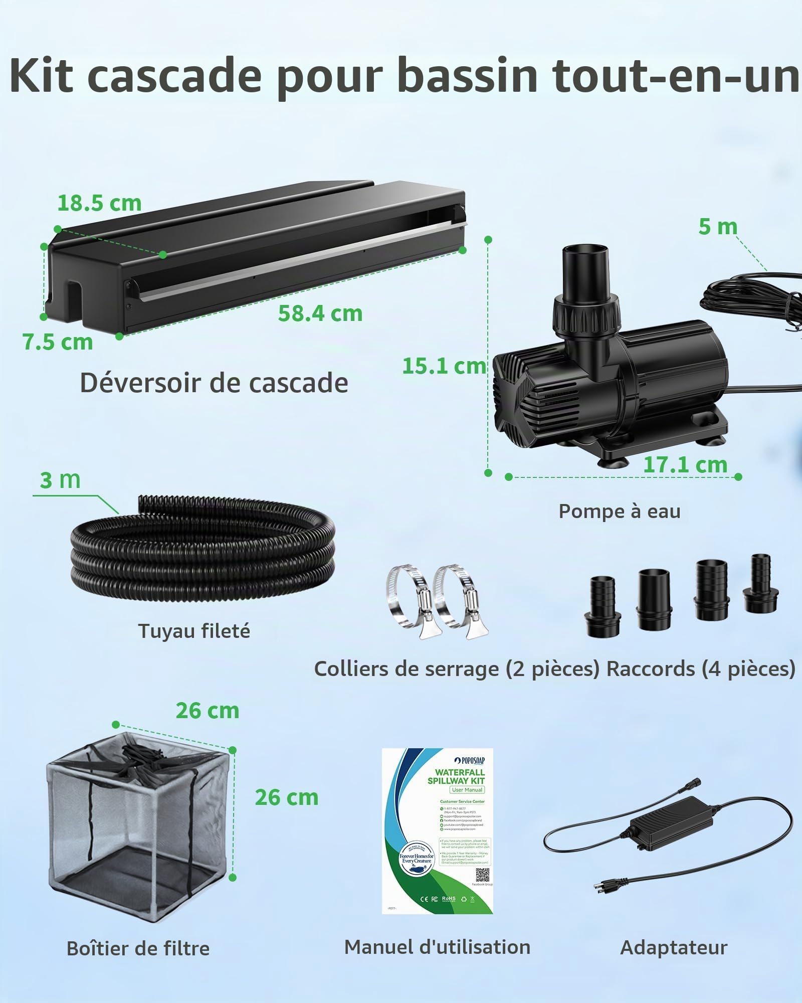 POPOSOAP Kit de Cascade de Bassin, Déversoir 58 cm Tout-en-Un avec Pompe Submersible 6000 L/H, boîtier filtrant et Tuyau, pour Bassin de Jardin, Bassin à Poissons et décoration Aquatique | Cascade de bassin avec pompe submersible de 6000 l/h, cage filtran
