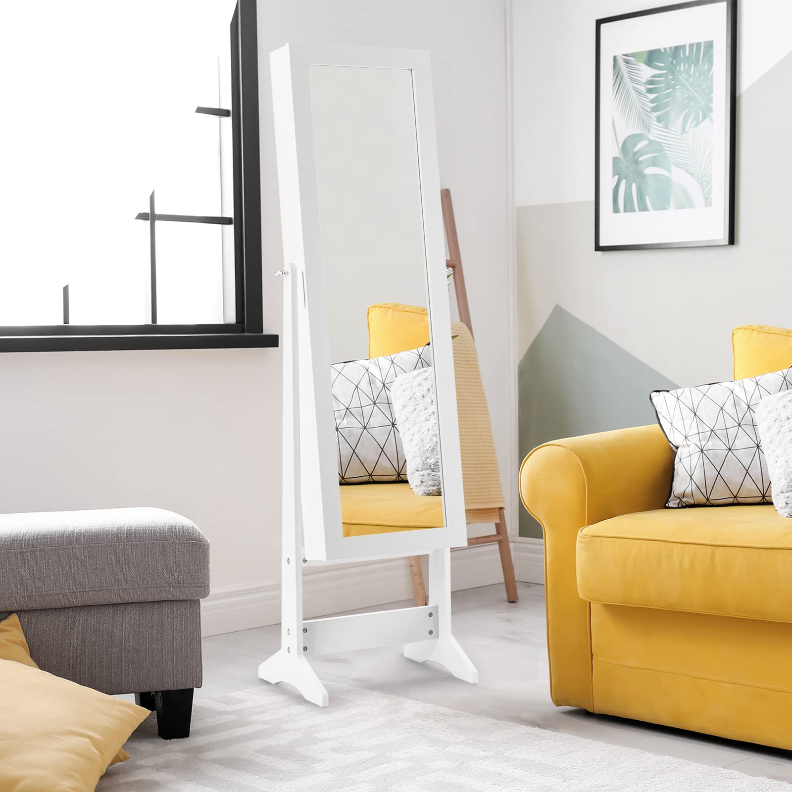 RELAX4LIFE Armoire à Bijoux sur Pieds avec Miroir Pleine Longueur HD 4 Angles Réglables, Armoire à Bijoux avec Grand Espace de Rangement pour Chambre, Vestiaire, Salle de Bain (Blanc)