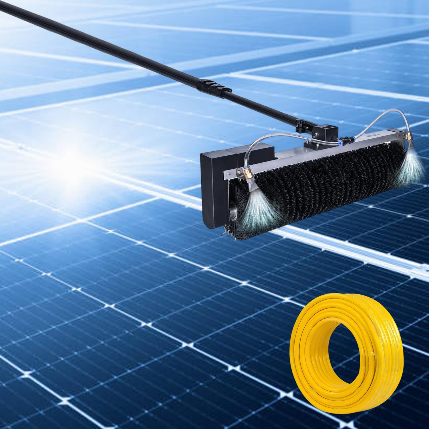 ASerZenith Outdoor Solar Panel Cleaning Kit - 60Cm Roller Brush & Aluminum Telescopic Rod, 10M Water Hose, Electric Water Fed Pole - Efficient Solar Panel Maintenance Tool,350Cm/11.5Ft