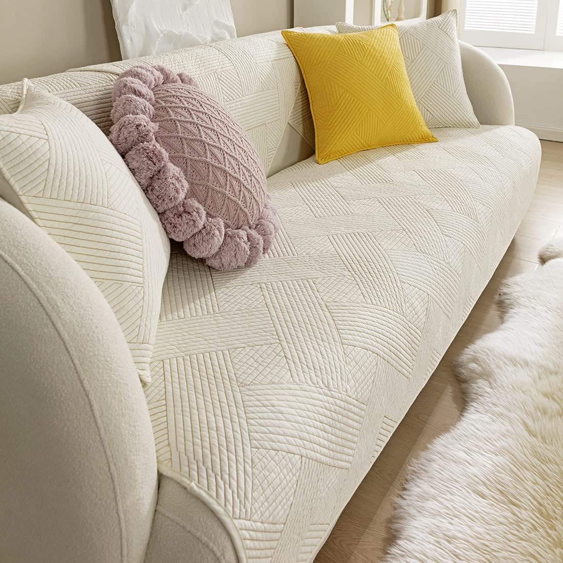 vctops Weave Stripe Sofa Cover Solid Color Cotton Quilted Sectional Couch Covers Geometric Pattern Non Slip Sofa Slipcover Super Soft Furniture Protector for Dogs, Children, Pets (Cream,28"x70")