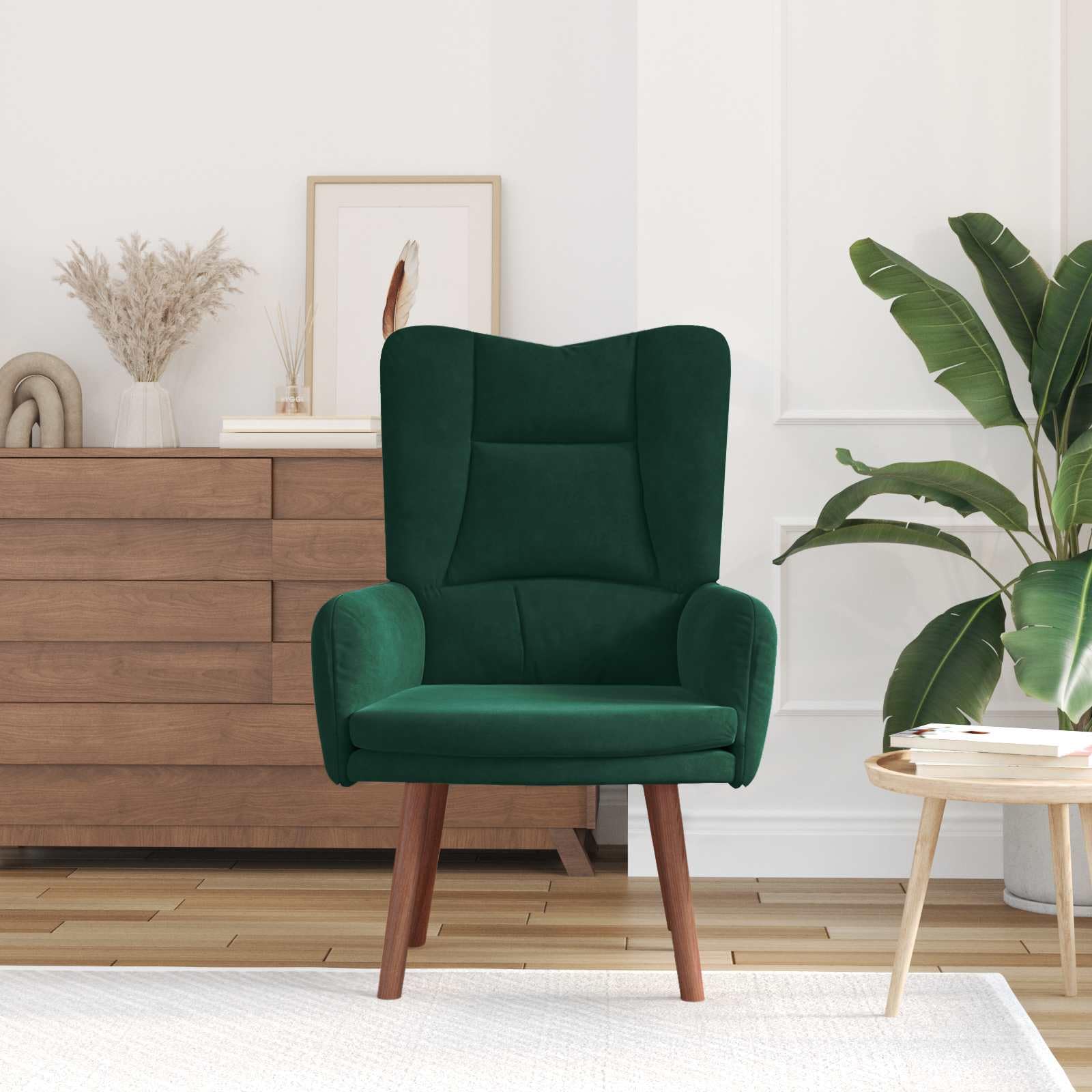 Fotel ciemnozielony aksamit z wyściełanymi podłokietnikami 63 x 67 x 94 cm, relaksacyjny mebel do siedzenia do salonu, sypialni, biura, ergonomiczny, ze stabilnymi nogami z drewna