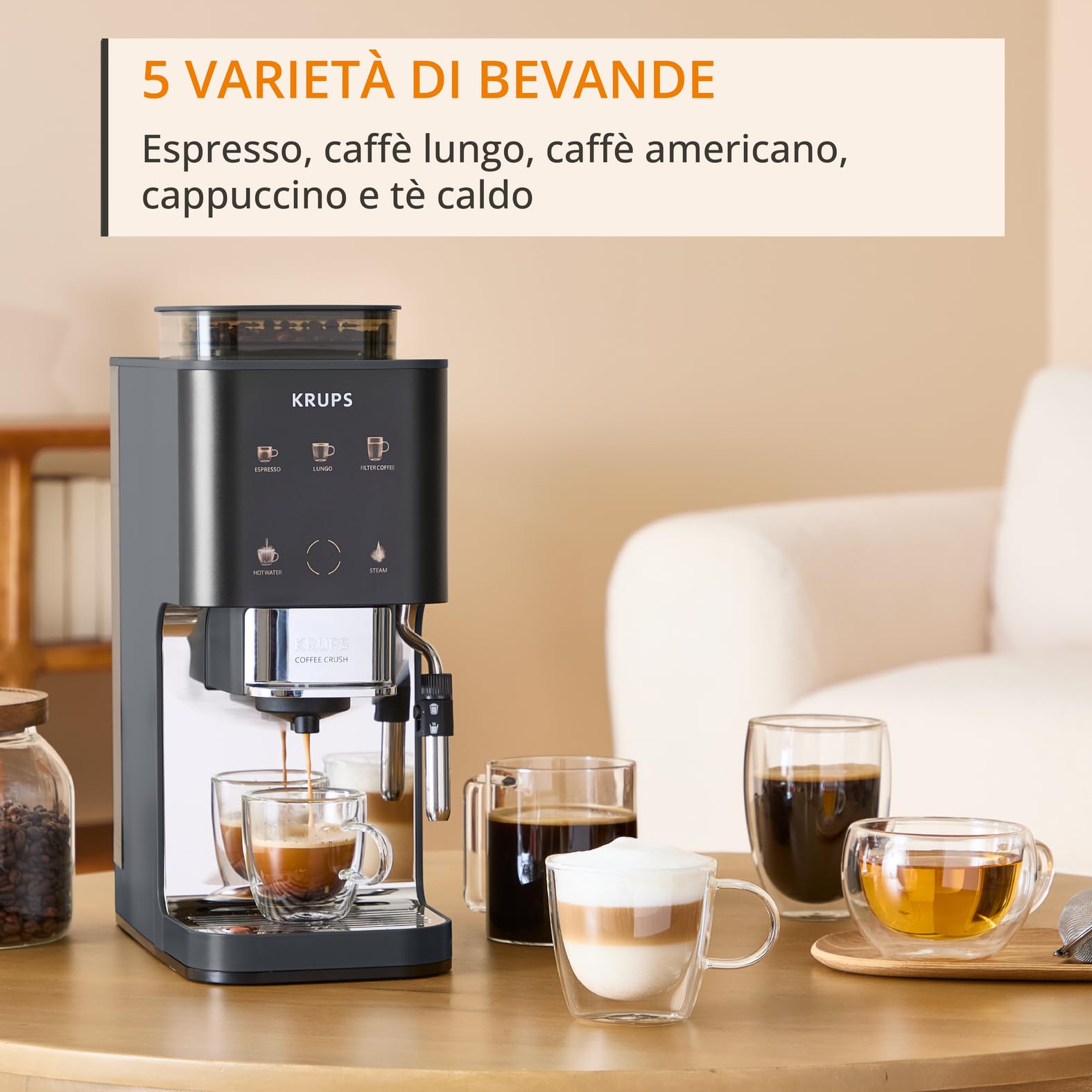 KRUPS Coffee Crush Edition, Macchina per Caffè Automatica, Design Compatto, Caffè espresso, Caffè Filtro, Lancia per Latte, SA404BE1