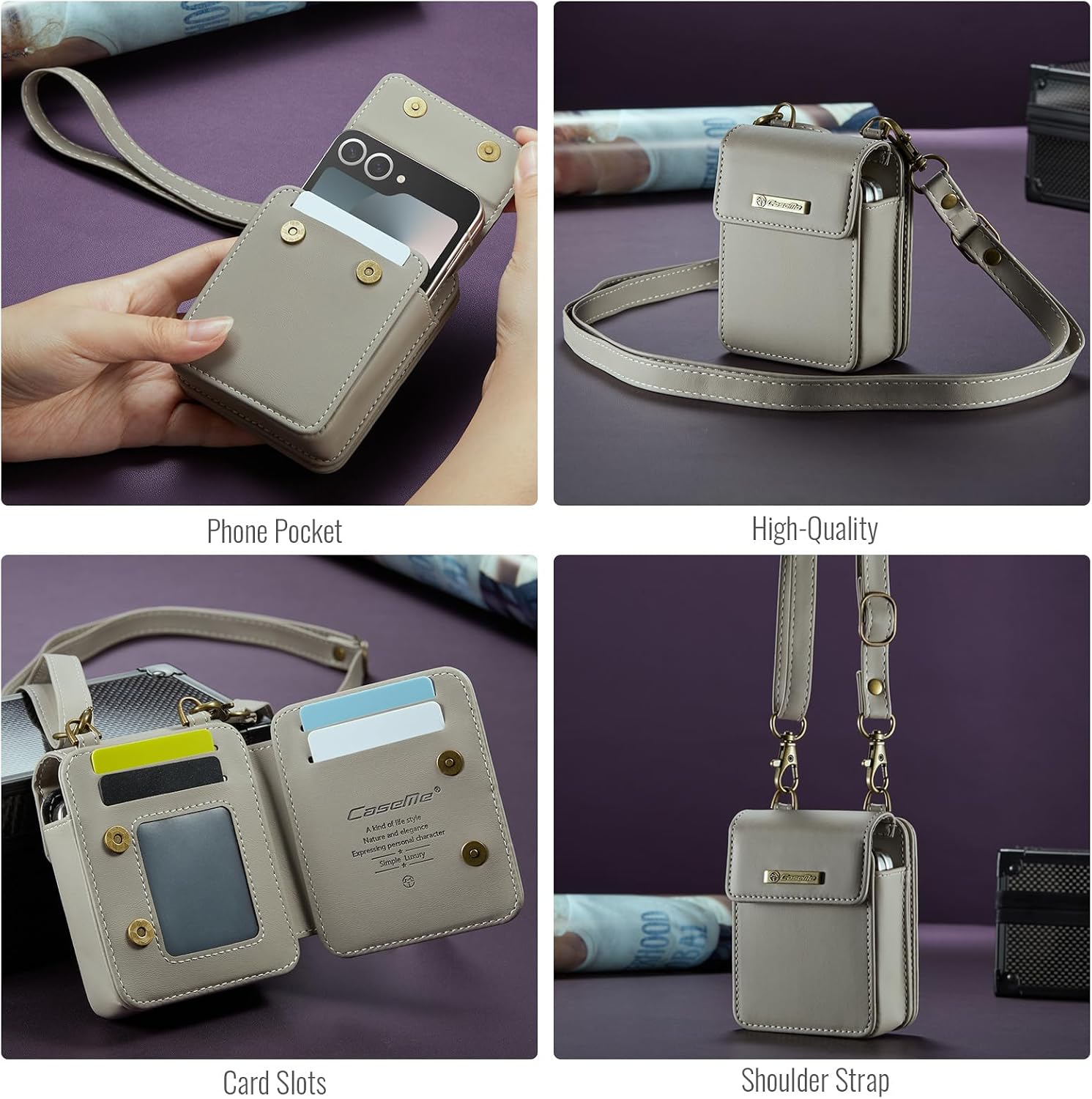 for Galaxy Z Flip 7 7 FE 6 5 4 3 Phone Case Wallet Crossbody, RFID Blocking Card Holder Magnetic Snap PU Leather Mini Bag Wallet Phone Case for Motorola Razr 2023/razr+/razr 2024/Razr Plus 2024 Gray