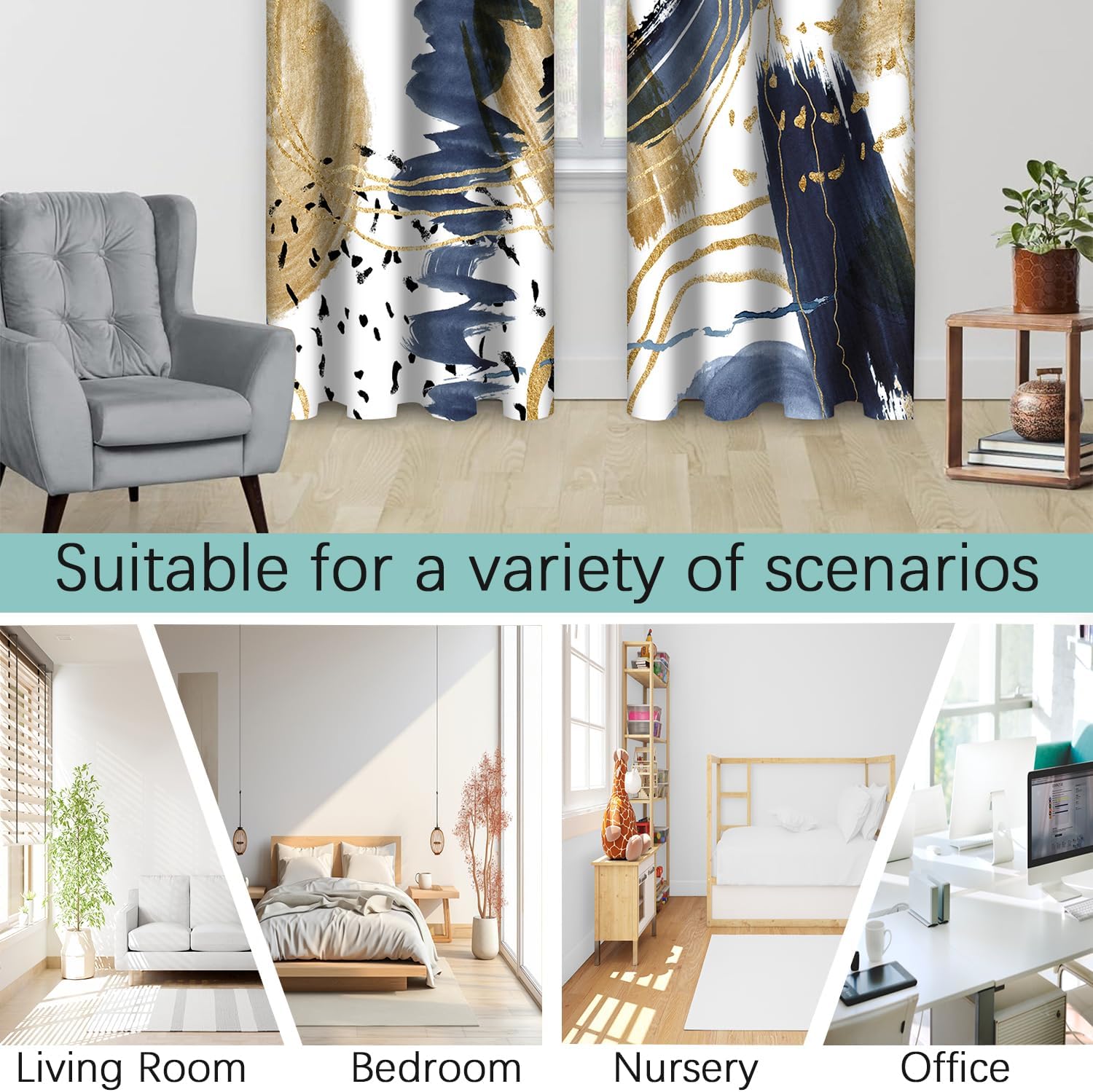 Abstract Blue Gold Blackout Curtain, Boho Aesthetic Modern Window Curtains Living Room Bedroom Decor Thermal Curtain Darkening Grommet Window Drapes Treatments, 2 Panels 52x84 Inch