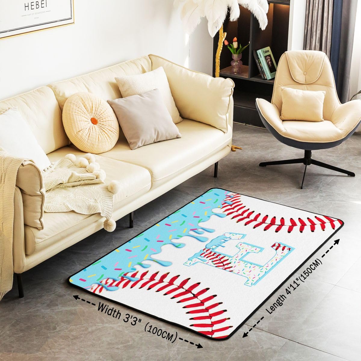 Homewish Dywaniki do lodów 100 x 150 cm do sypialni salonu - lody kapanie baseball nowoczesny modny baseball inicjał E duże dywany piłka sport nie gubi włosia dywan