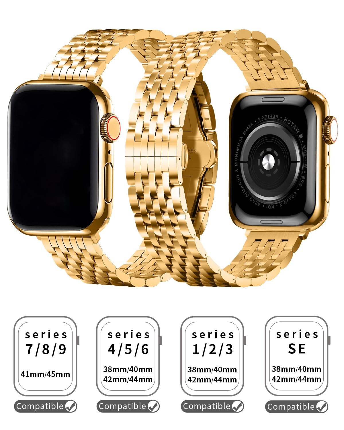 QUNDAXI Compatible Apple Watch Bands 40mm 41mm 38mm 45mm 44mm 42mm, Stainless Steel iWatch Band with Case for Apple Watch Women and Men Series 9 8 7 6 5 4 3 2 1 SE, Gold