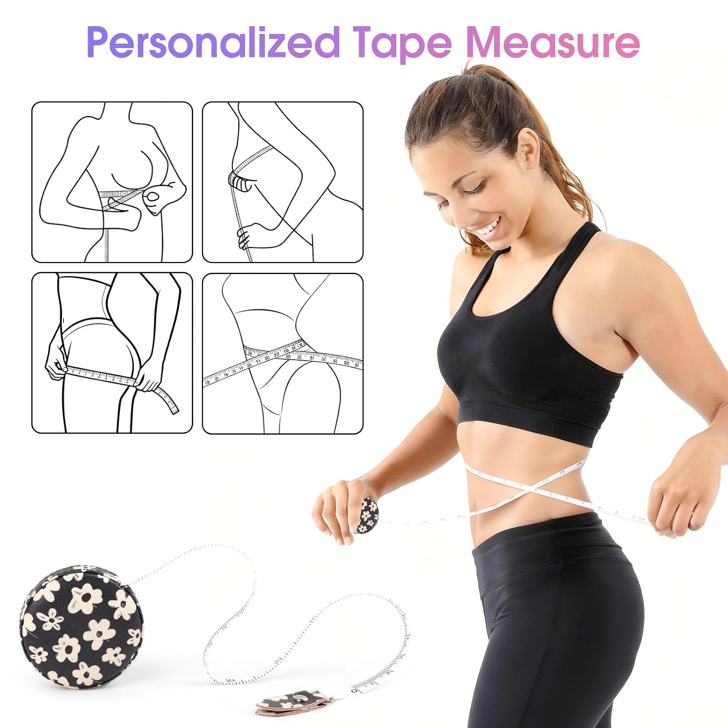 Retractable Mini Tape Measure, Auto-Retract, Premium Leather Tape Measure, Dual-Sided Ruler, Ideal for Fabric Cutting, Body Measurements, and Handicrafts (White Flowers)