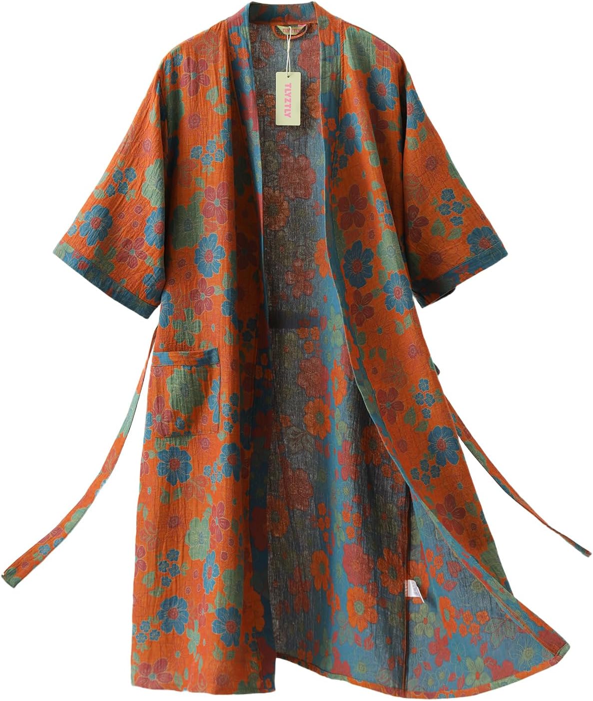 Women's Cotton Gauze Kimono Robe Floral Jacquard Bathrobe Loose Fit Loungewear with Pockets Soft Breathable Sleepwear