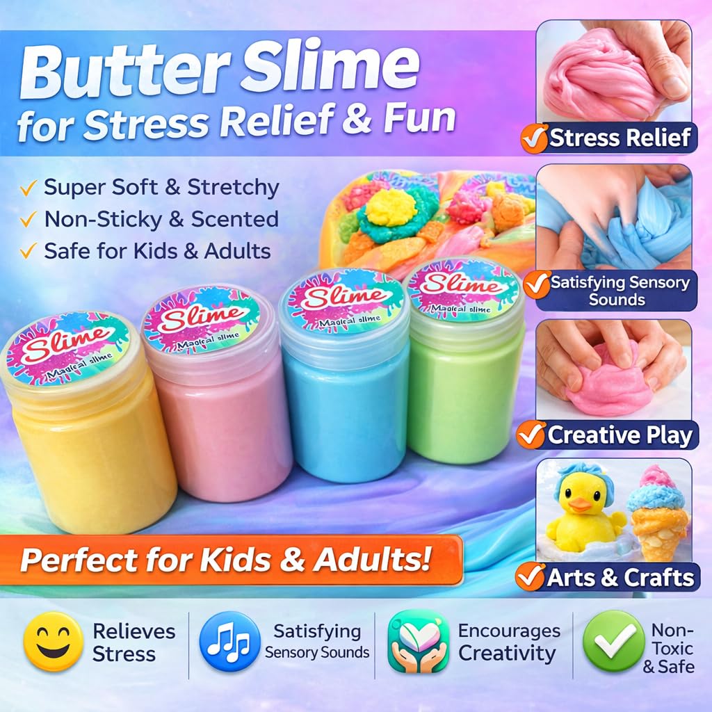 Lemon Scented Butter Slime for Kids (2 Pack, 300g) – Super Soft, Non-Toxic & Fluffy Sensory Toy – Stretchy Stress Relief Slime Kit for Boys & Girls Age 3-10 Years 1