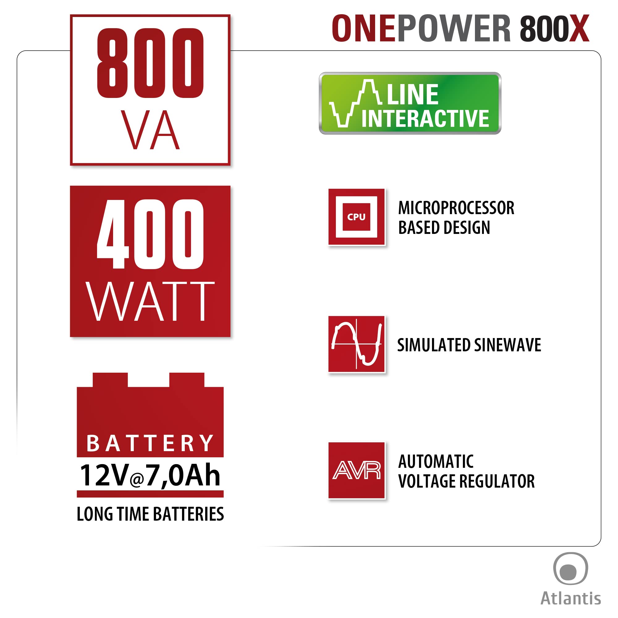 Atlantis Land OnePower PX800 Zasilanie bez przerw 800 VA 4 wyjścia sieciowe - Zasilacze nieprzerwane (800 VA, 400 W, 162 V, 268 V, 220 V, 220 V)