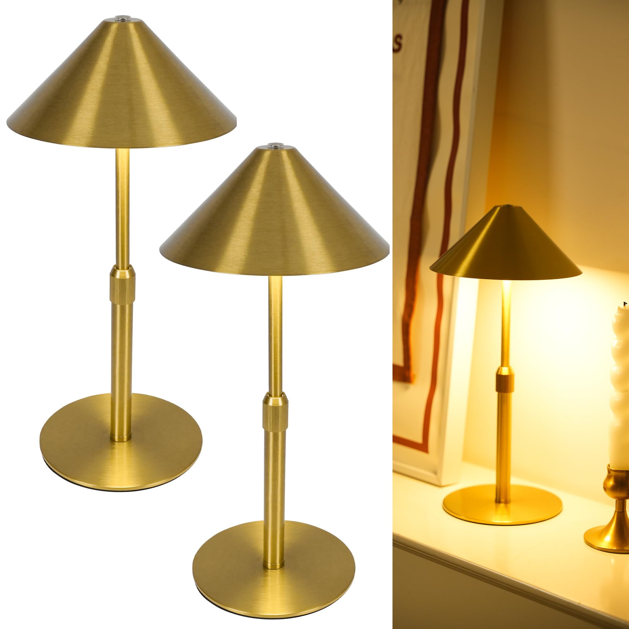 LuminexDesigns Table Lamp Wireless LED Battery Table Lamp Set of 2 Metal - Height Adjustable, IP54 Waterproof, 3000K - 6000K, USB-C Rechargeable for Bedroom, Balcony, Outdoor  Decoration, Gold
