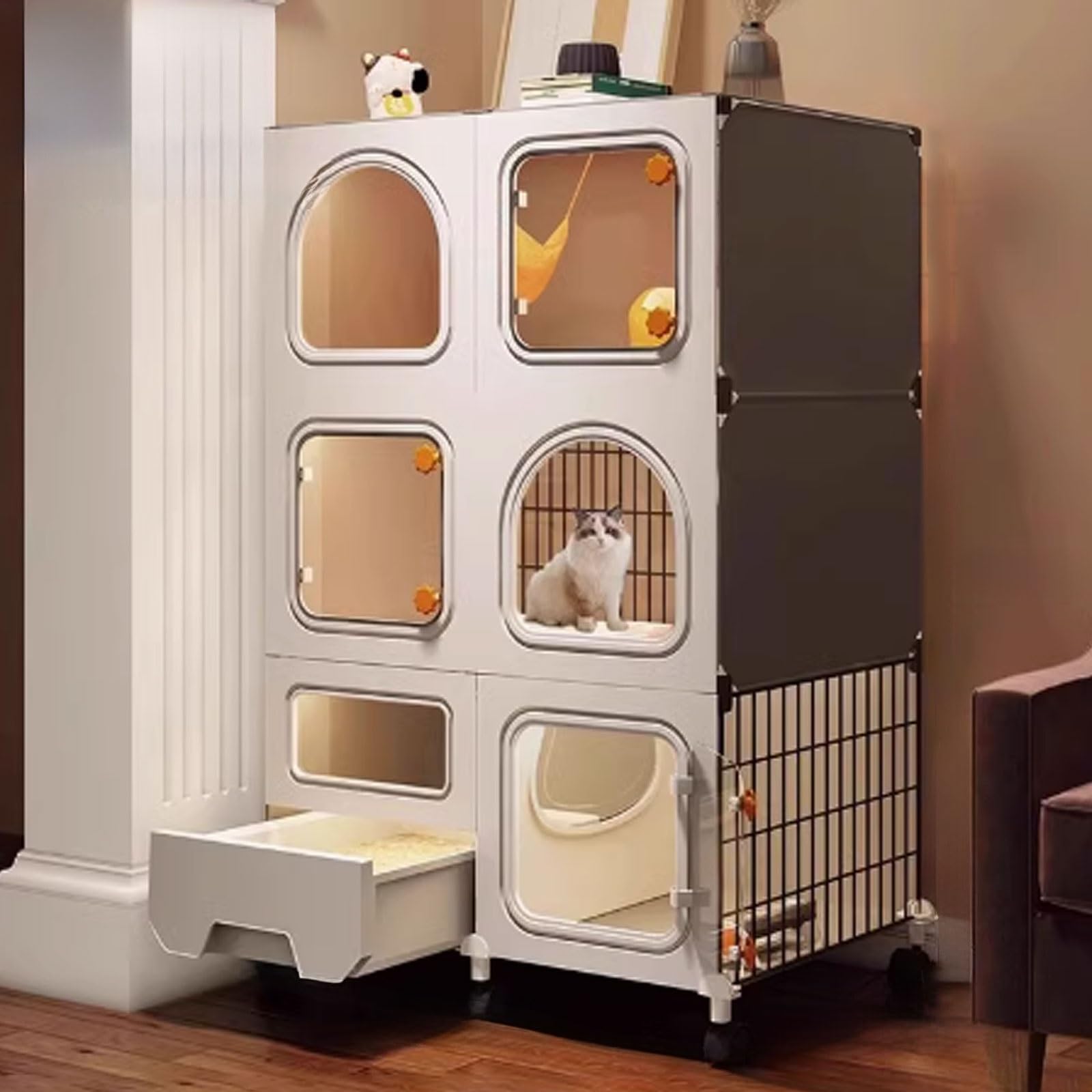 GUQASDV Cat Cages Indoor, Cat Houses, Cat Playpen with Top Cover, Cat Enclosures with Pull-out Litter Box with Upgraded Lock for Balcony(71 * 36.5 * 110cm)