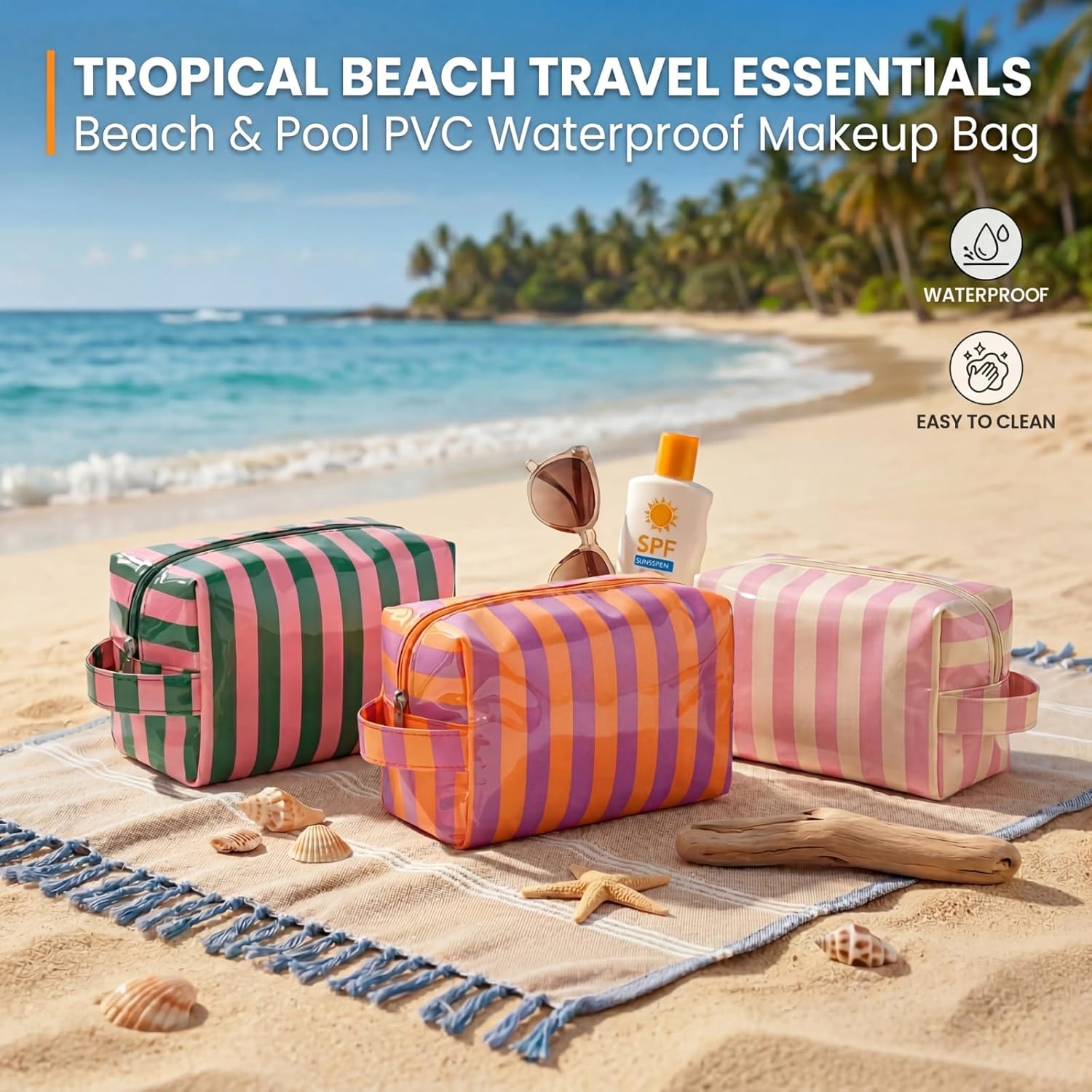 PVC Striped Makeup Bag,Easy to Clean,Waterproof Clear Coated Cosmetic Bag,Cute Travel Organizer Zipper Pouch for Beach Vacation Essentials(02Green Pink)