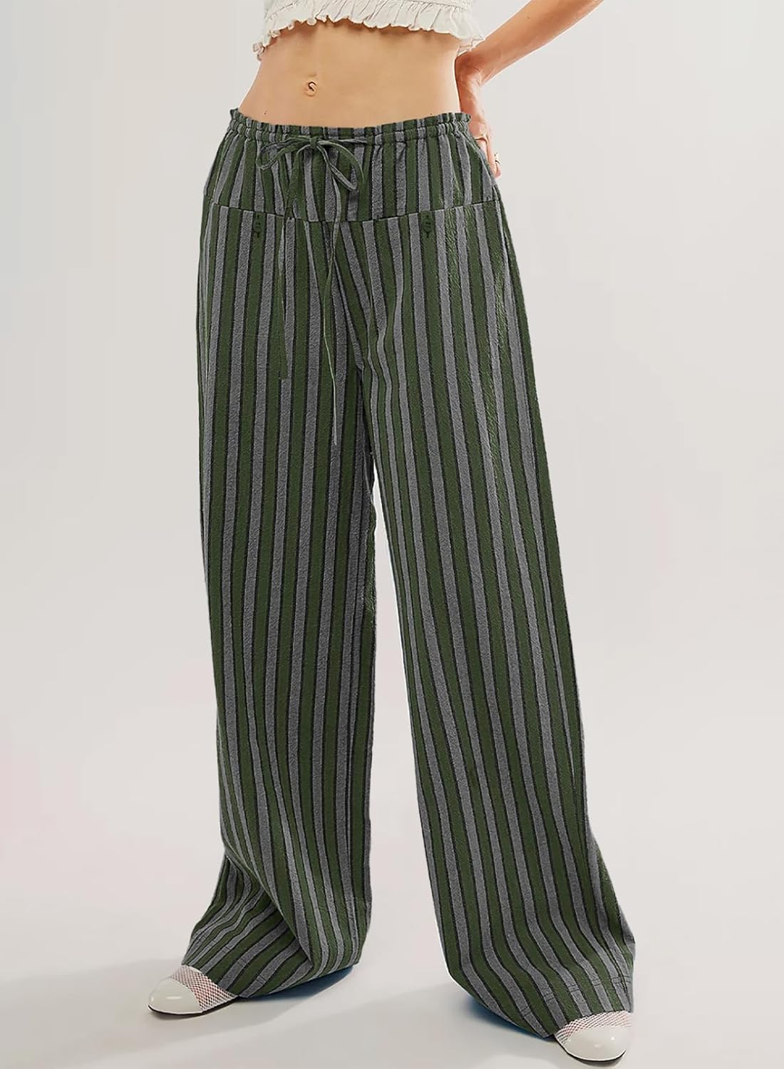 Acelitt Women Casual Drawstring Elastic Waist Loose Wide Leg Striped Pants with Pockets, S-XXL - Image 3
