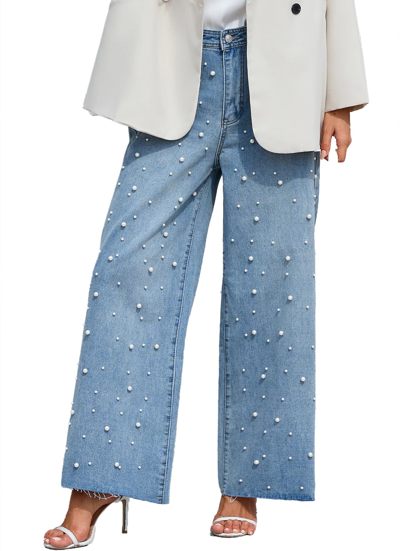 Ladyful Women's Wide Leg Pearl Jeans High Waist Boyfriend Baggy Stretchy Casual Denim Pant Trouser