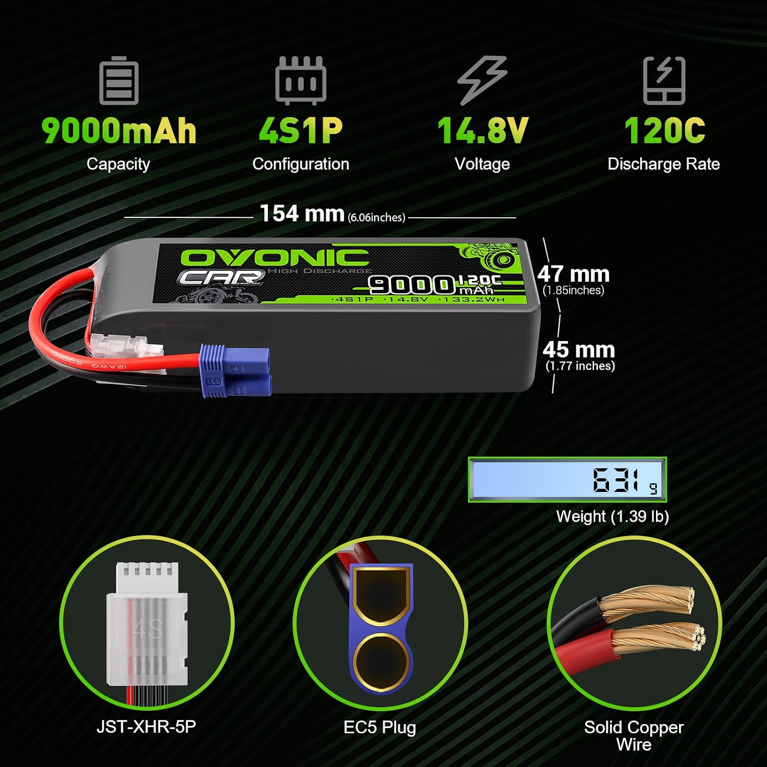 OVONIC 4S LiPo Battery 14.8V 9000mAh 120C with EC5 Plug for RC Car RC Truck Airplane Helicopter Boat Car Racing RC Hobby (2 Packs)