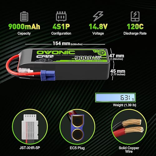 Miniatura 2 de OVONIC 4S LiPo Batería 14.8V 9000mAh 120C con enchufe EC5 para RC Car RC Truck Avión Helicóptero Barco Carreras RC Hobby (2 paquetes)