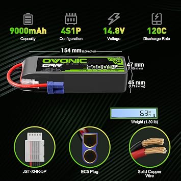 OVONIC 4S LiPo Battery 14.8V 9000mAh 120C with EC5 Plug for RC Car RC Truck Airplane Helicopter Boat Car Racing RC Hobby (2 Packs)