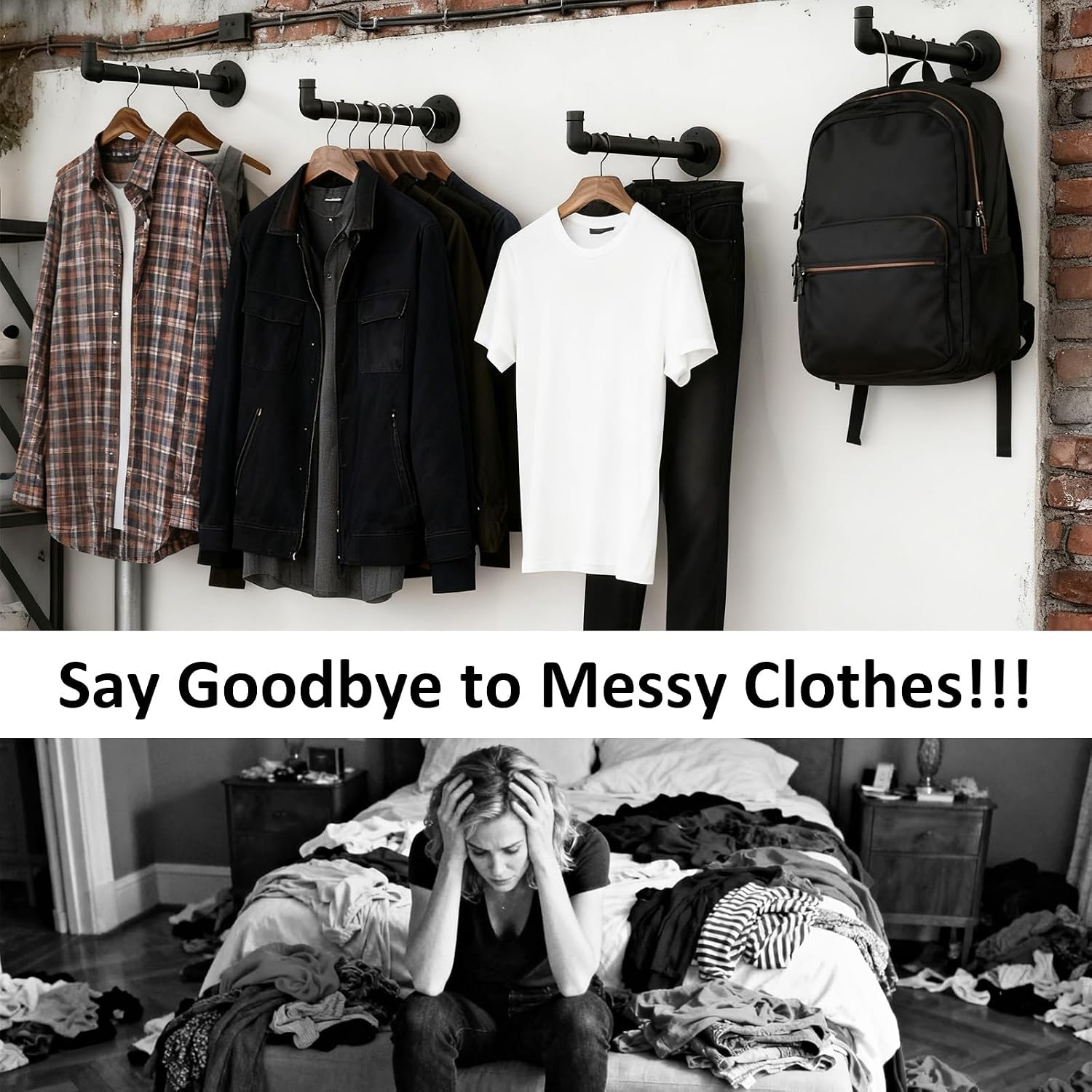 Wall Mounted Industrial Pipe Clothes Rack, Heavy Duty Metal Clothing Rod, Closet Organizer Garment Hanger, DIY Storage, 6 Pack, Black