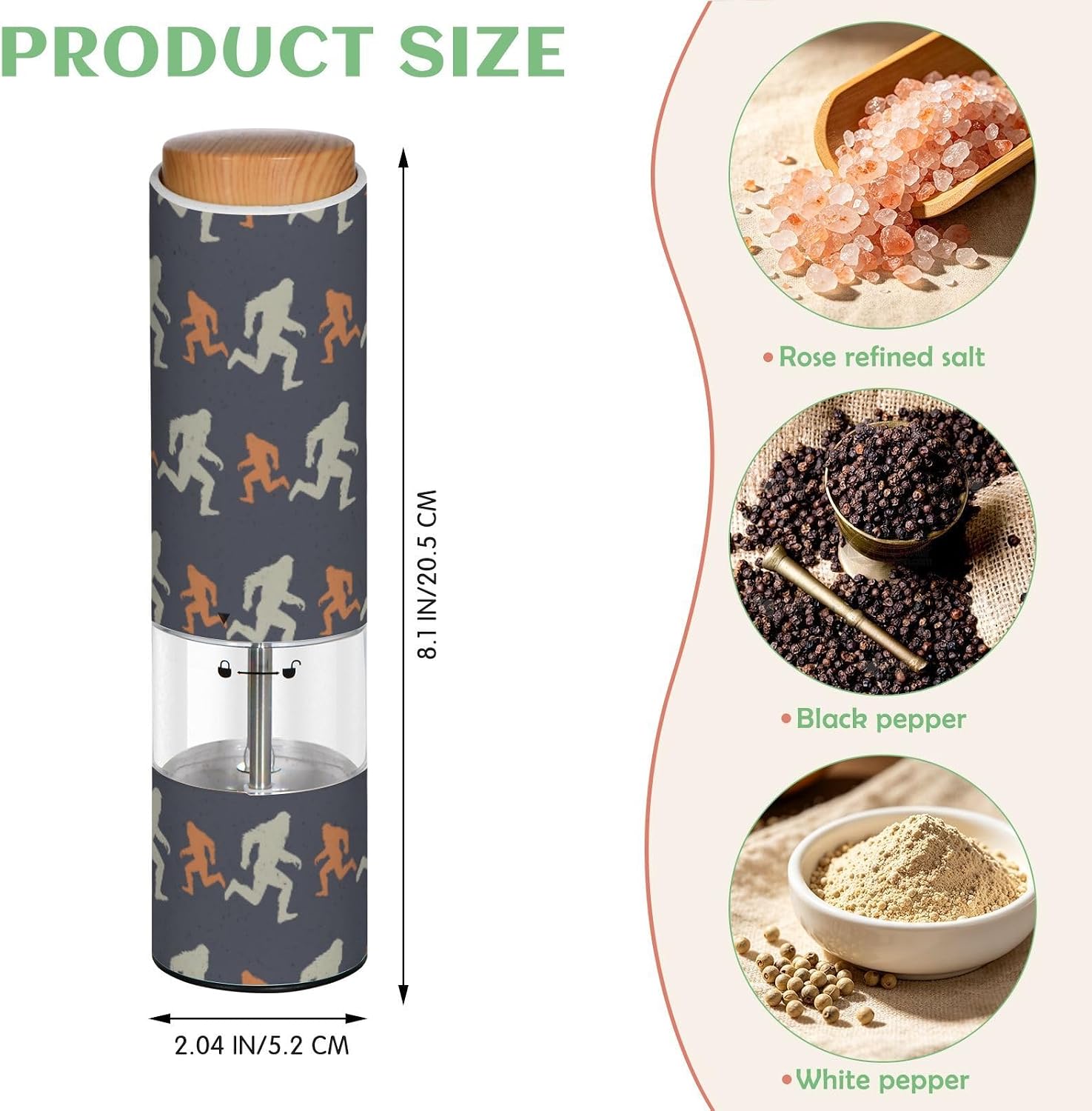 ALAZA Electric Pepper Grinder with Adjustable Coarseness, Bigfoot Sasquatch Orange Battery Automatic Salt and Pepper Mill with Led, One-Handed Operation Spice Grinder for Kitchen, Camping & BBQ