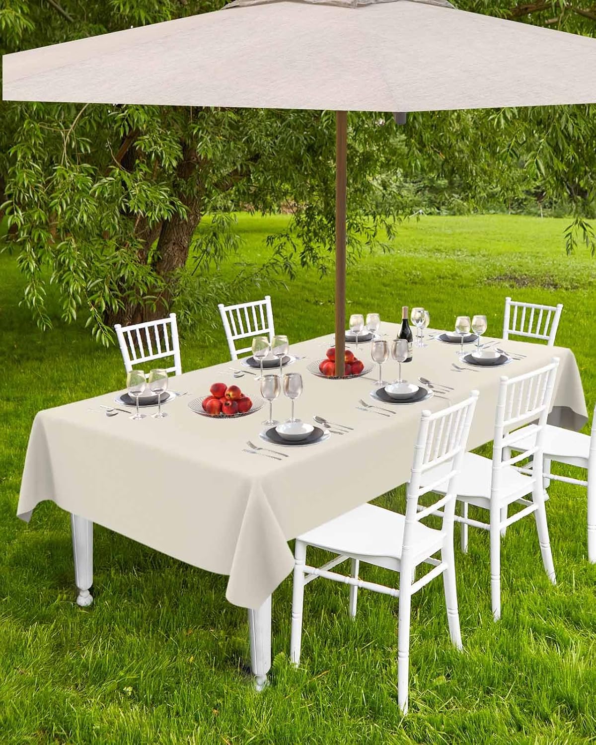 Cream Outdoor Tablecloth with Umbrella Hole & Zipper, Modern Pure Beige Rectangle Tablecloth 60x120 Inch, Patio Table Cover Waterproof Table Cloth for Picnic/Party