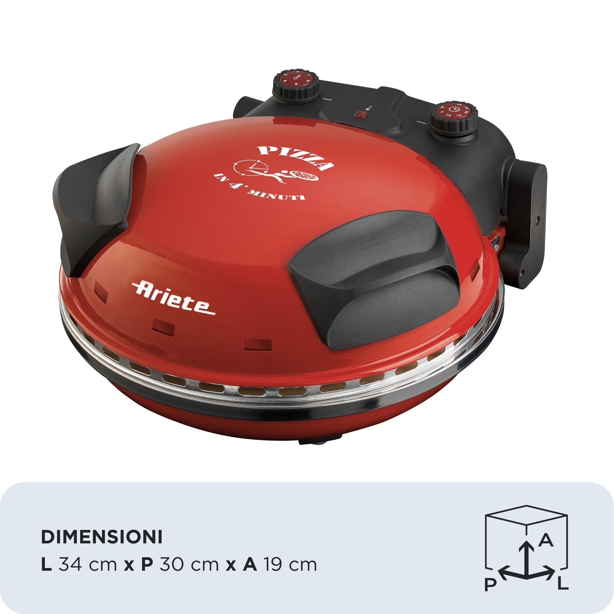 Ariete Forno Pizza 909, Pizza 4' Minuti, Forno per Pizza con 5 Livelli di Cottura, Piastra Refrattaria per Riscaldare, Pale in Legno Incluse, Temperatura Max 400°C, 1200W, Rosso