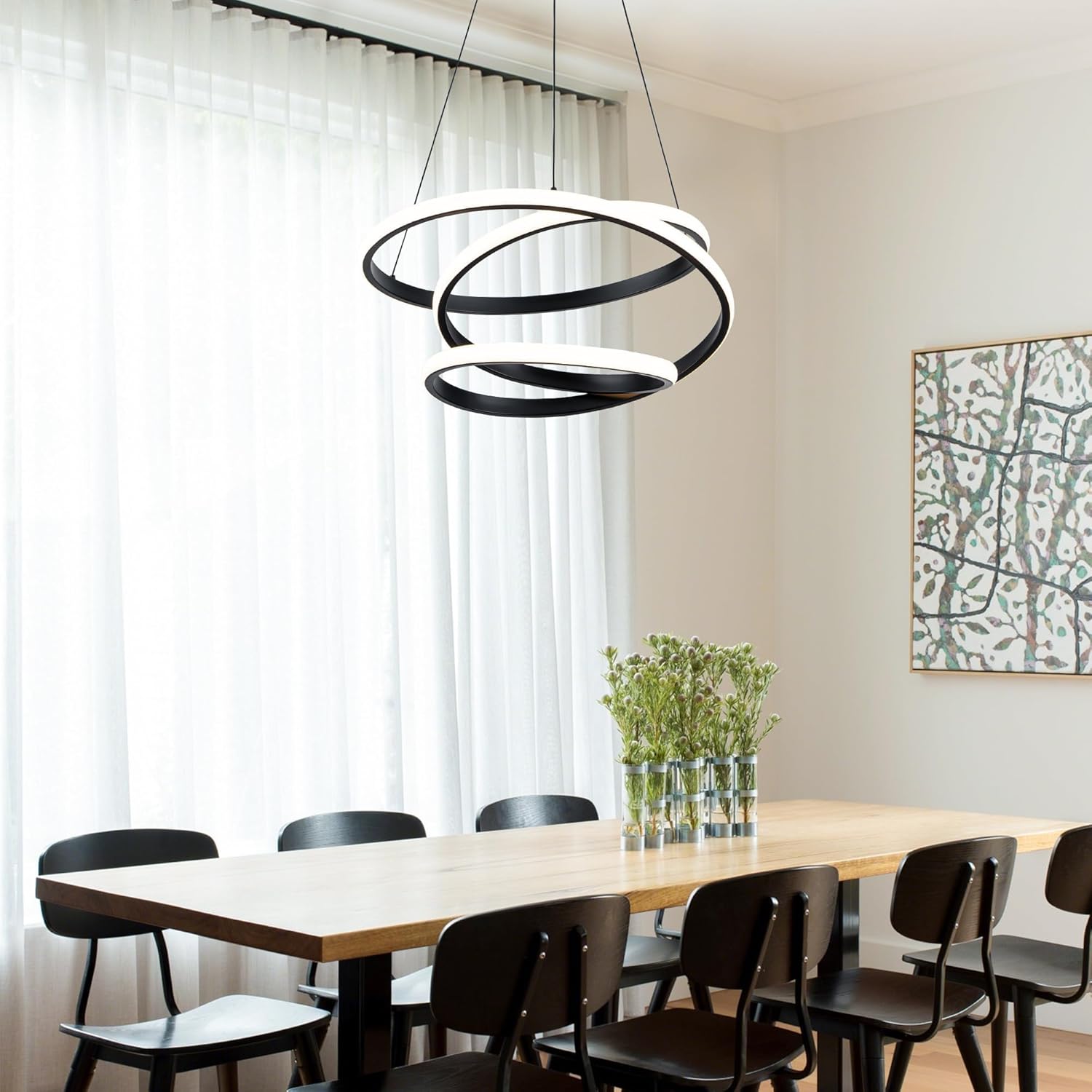Mayful Modern Chandelier with Remote Control, 3-Color Dimmable LED Pendant Light Fixtures, Height Adjustable Kitchen Island Lighting for Dining Room,Bedroom,Living Room,Foyer,Office Black 19.7 inches