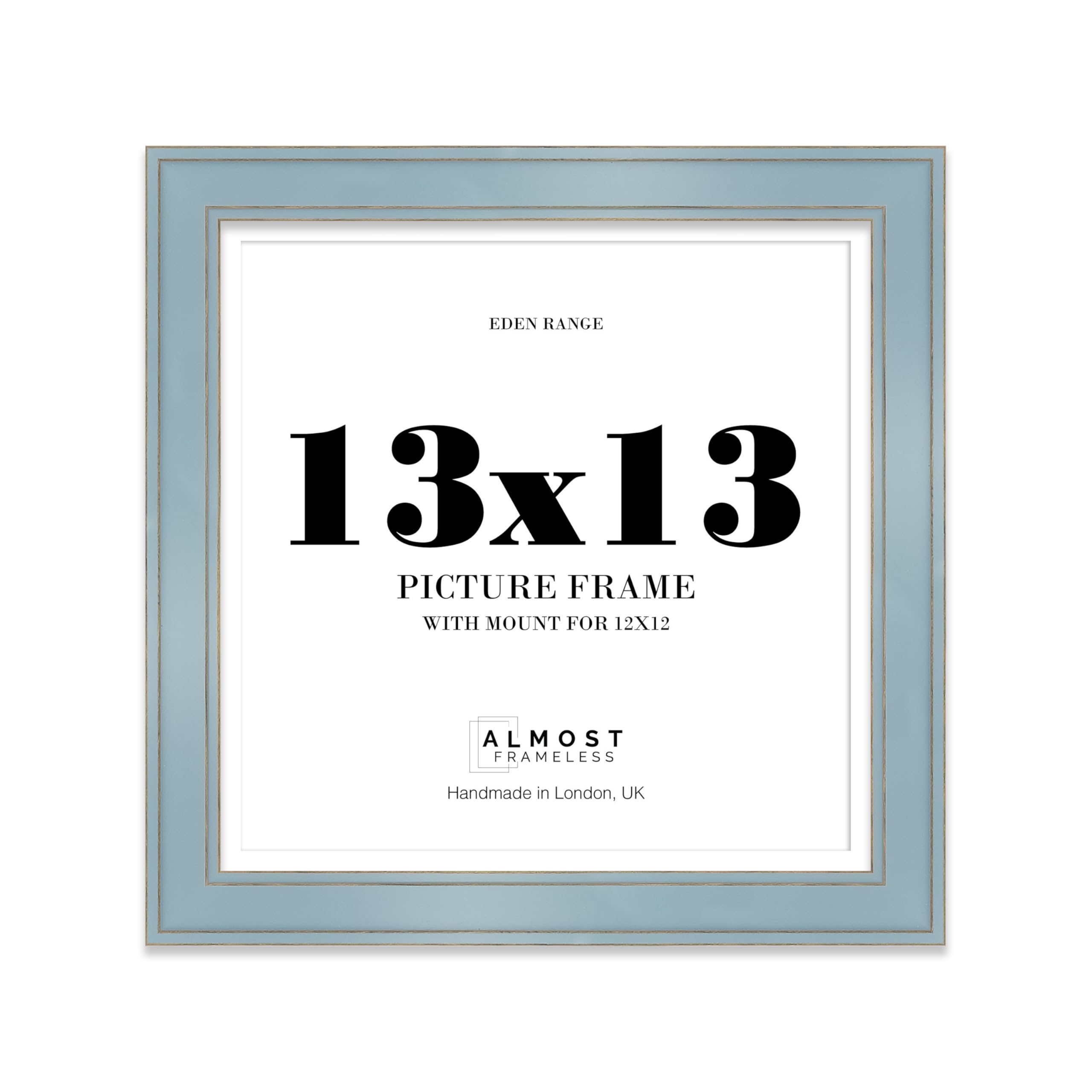 13x13" Cornflower Blue Square Picture Frame with 12x12" Mount - Shabby Chic Photo Frame with Distressed Finish, Gold Trim, Wall Hooks, 37mm Edge - 1 Pack