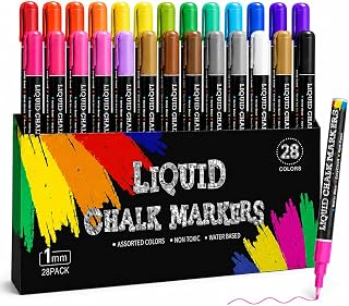 BainGesk 28 Color Liquid Chalk Markers, 1mm Extra Fine Tip for Blackboard | Includes 6 Metallic Colors, Erasable on Non-Porous Surfaces Including Glass, Windows, Mirrors and Menu Boards for DIY Art