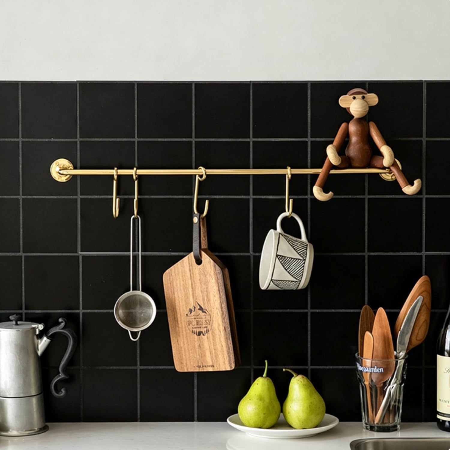 Brass Kitchen Wall Rail, 31 in Pot Pan Rack with 5 Movable Hooks, Wall Mounted Utensil Hanging Bar for Kitchen, Bathroom, Coffee Bar