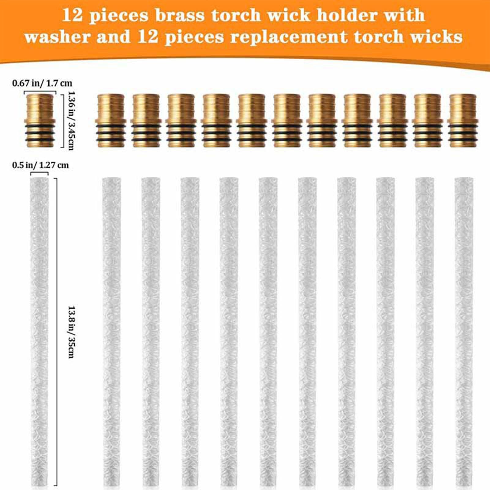 10 Set Wine Bottle Torch Wicks Kit, 13.8x0.5in Fiberglass Replacement Wicks with 1.36x0.67in Brass Torch Wick Holders for Indoor Outdoor Torches Patio Lighting Garden Lights Decor
