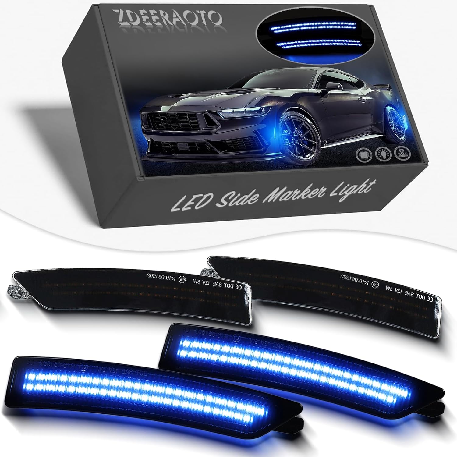 LED Front & Rear Fender LED Side Marker Lights Kit for Ford Mustang S650, Replacement for Mustang Gen7 2024 2025,Smoked Lens Side Bumper Marker Lamps,Fender Lamps,4pcs (Blue)