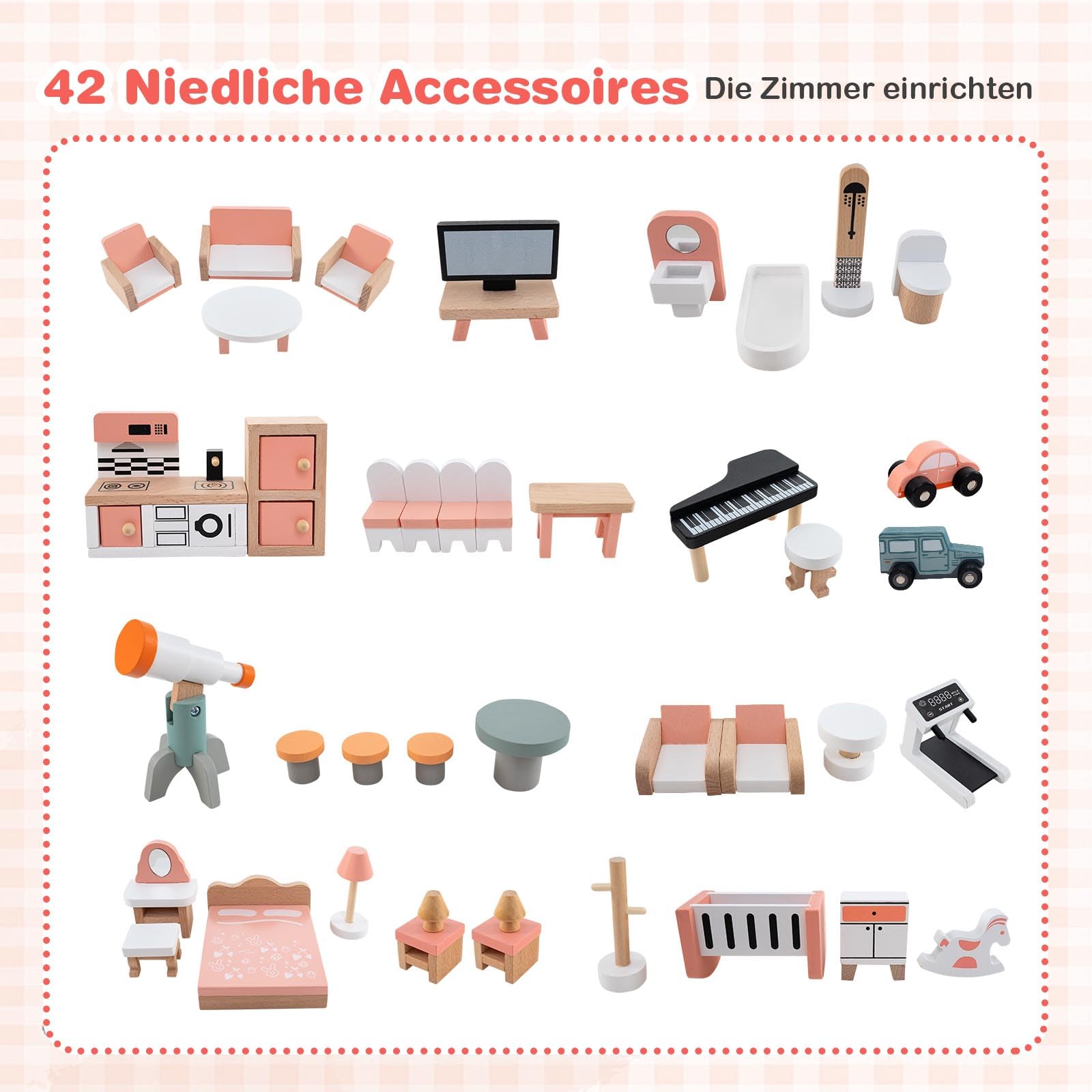 DREAMADE Puppenhaus aus Holz, 3 Etagen & Großes Dollhouse mit 7 Räumen & 36/42 Möbelzubehörteilen, Puppenhaus für Kinder ab 3 Jahre (Rosa,107x94,5cm)
