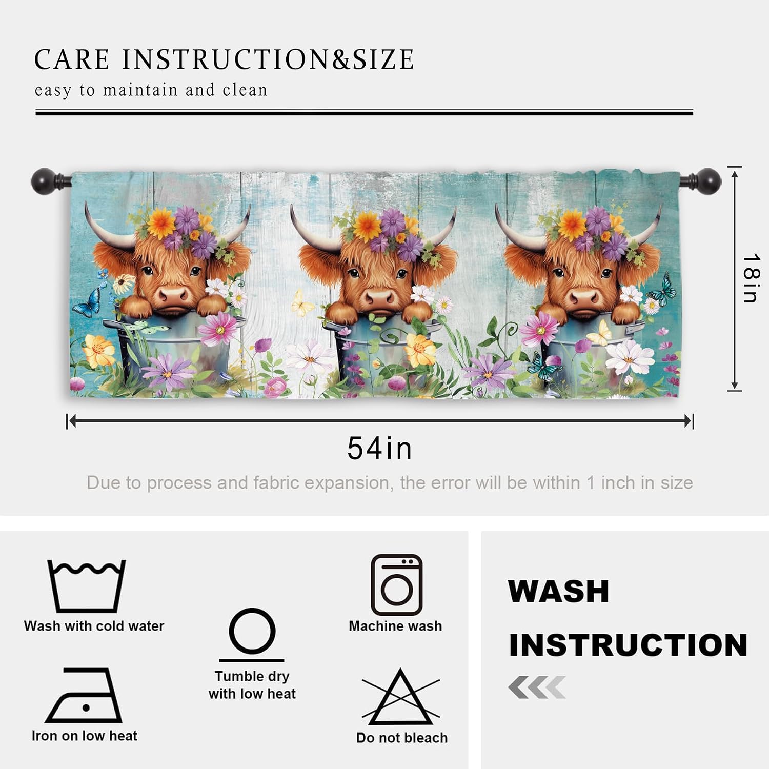 Miyotaa Bull Highland Cow Kitchen Curtain Valance 54W x 18H Rod Pocket Rustic Farmhouse Country Vintage Teal Wood Funny Flower Window Treatment for Living Room Bedroom Bathroom image 3