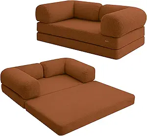 COMAX Futon Sofa Bed, 4-in-1 Floor Foldable Sofa Couch Bed Queen with L-Shaped Armrests, Convertible Folding Chair Bed Corduroy Sleeper Mattress Fold Out Comfy Lounge for Living Room, Orange
