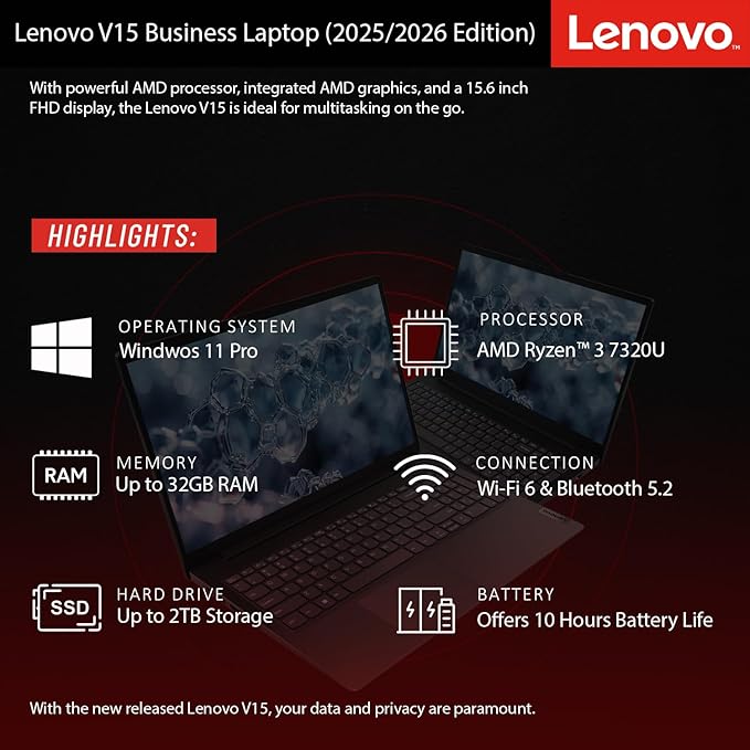 Lenovo Laptop 15.6" FHD Ryzen 3 7320U 16GB DDR5 256GB SSD Windows 11 Pro Negro miniatura 4
