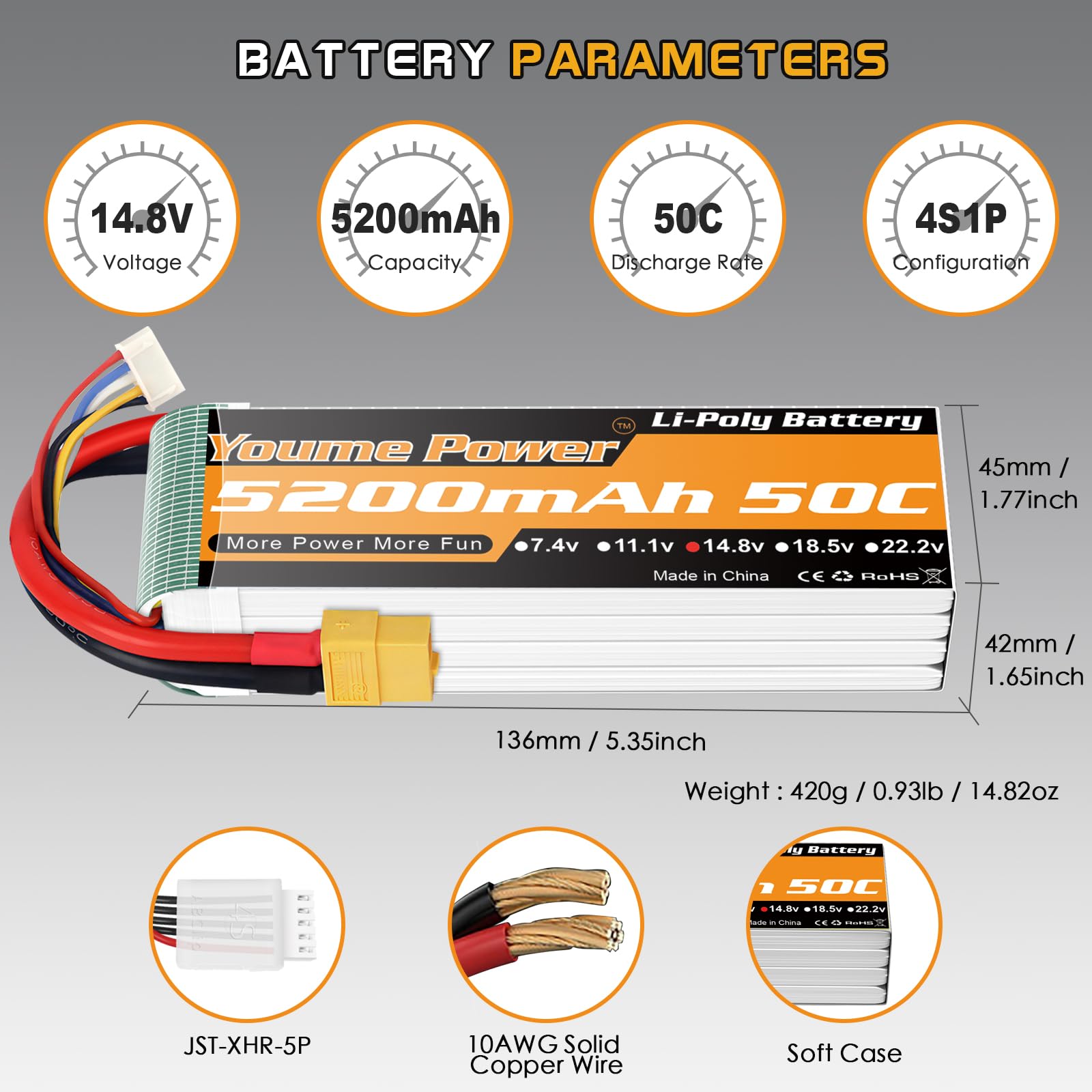 Youme Batteria LiPo 4S 5200mAh 14.8V 50C XT60 per RC Auto Droni 2pezzi