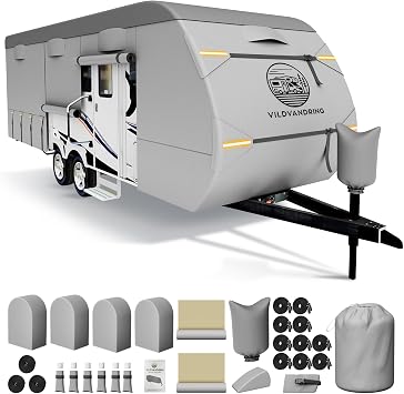 Heavy Duty Travel Trailer RV Cover 24-27ft, Rv Trailer Cover 8 Layers Breathable Waterproof Rip-Stop Camper Cover with Adhesive Repair Patches, Gutter, Tire & Additional Straps