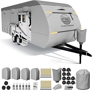Heavy Duty Travel Trailer RV Cover 30-33ft, 8 Layers Breathable Waterproof Rip-Stop Camper Cover with Adhesive Repair Patches, Gutter, Tire & Additional Straps