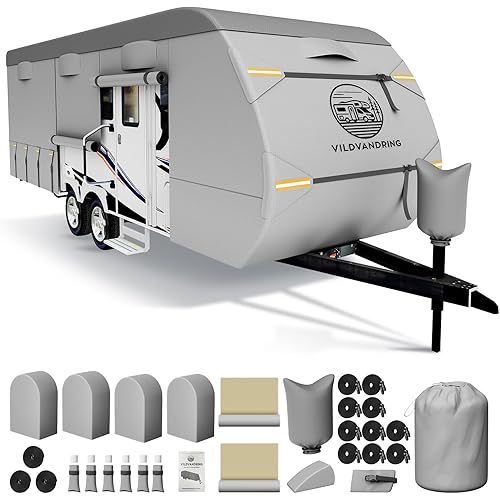 Heavy Duty Travel Trailer RV Cover 24-27ft, Rv Trailer Cover 8 Layers Breathable Waterproof Rip-Stop Camper Cover with Adhesive Repair Patches, Gutter, Tire & Additional Straps