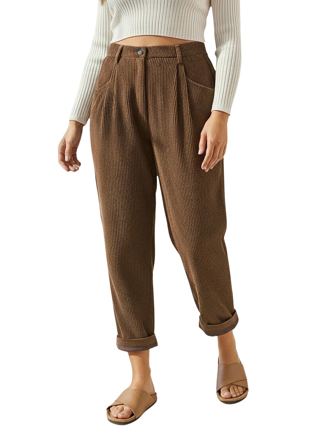 Womens Plus Size Corduroy Tapered Leg Pants Dressy Casual High Elastic Waist Trousers with Pockets