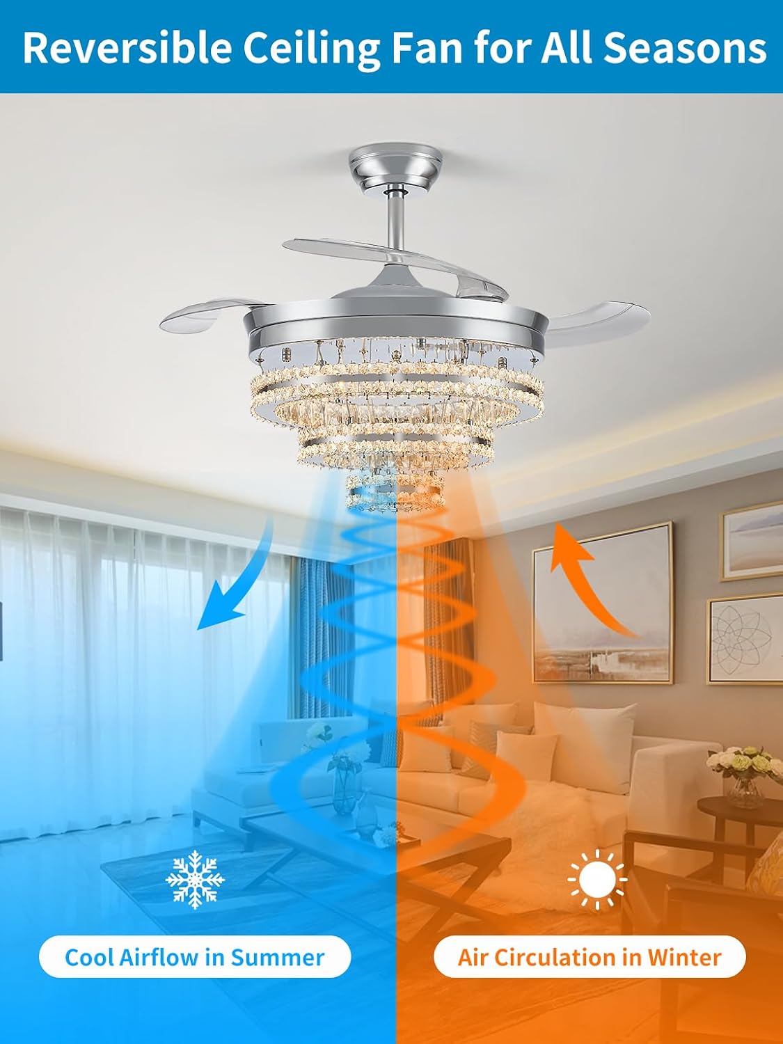 42" Crystal Chandelier Ceiling Fan, Retractable Fan with Remote & App Control, LED Light, Quiet DC Motor, 6 Speed, Fandelier Ceiling Fan for High Ceiling, Bedroom Living Room