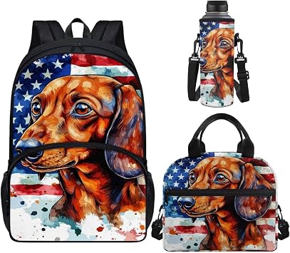 Horeset Dachshund American Flag 3 Pieces Backpack Set for Boys Children School Bag with Water Bottle Holder Bag+Meal Storage Tote Primary Middle Schoolbags Bookbag for Camping Outdoor Travel