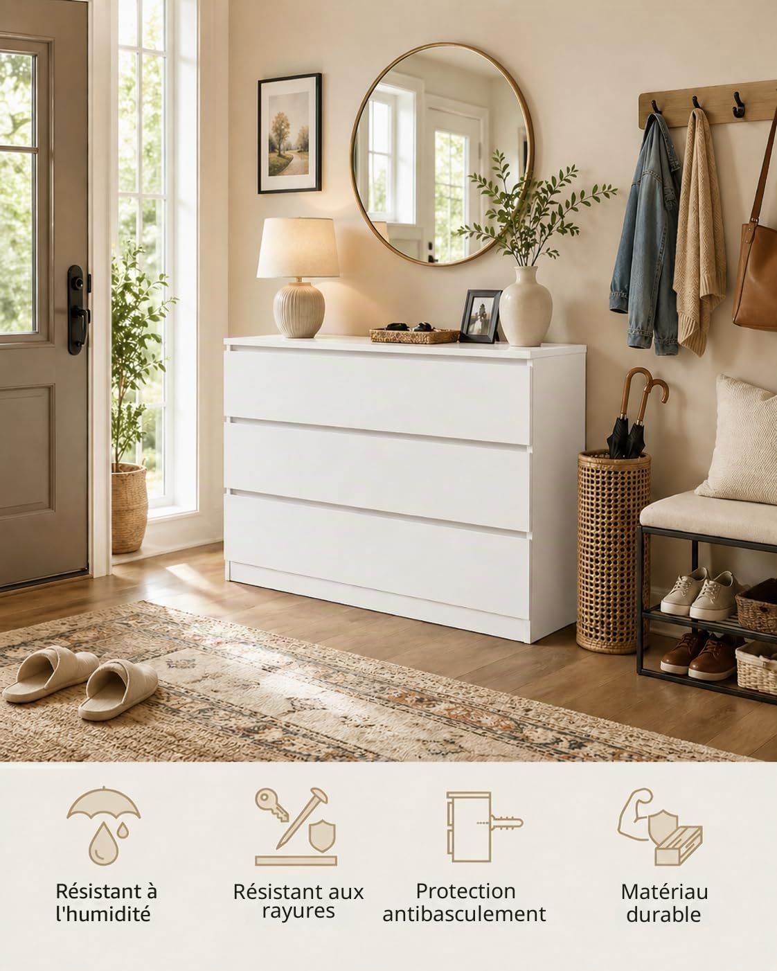 Commode Chambre Commode Blanche avec 3 Tiroirs 100 x 40 x 75 cm