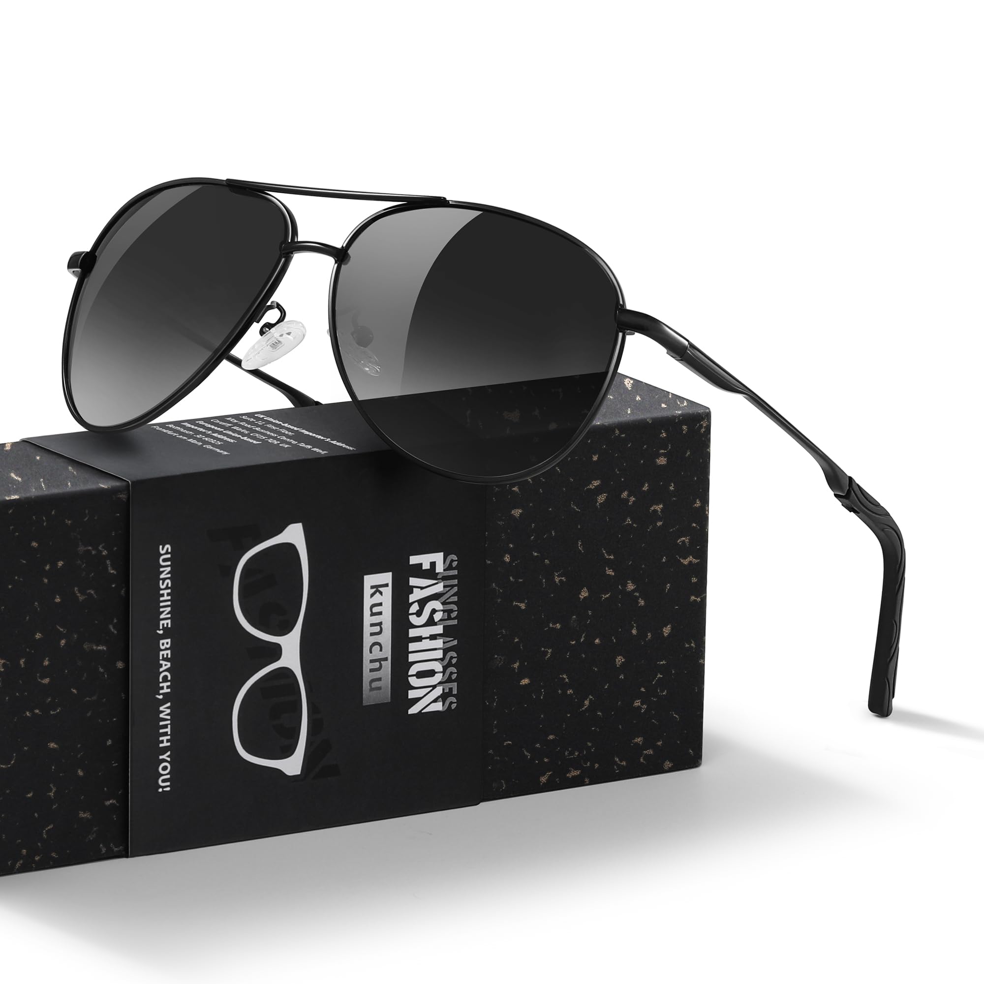 kunchu Sonnenbrille Herren Damen Polarisierte Unisex UV400-Schutz Klassische Ultraleichte Fahren Angeln Laufen Outdoor Schwarze Fliegerbrille