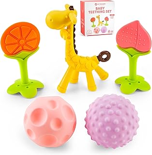 Teethers for Babies Best Silicone Teething Toys for Babies â€“ 5 Pack Easy Grip Baby Teether for Teething Relief with Sensory Balls â€“ Cute and Colorful Silicone â€“ Soothing and Calming