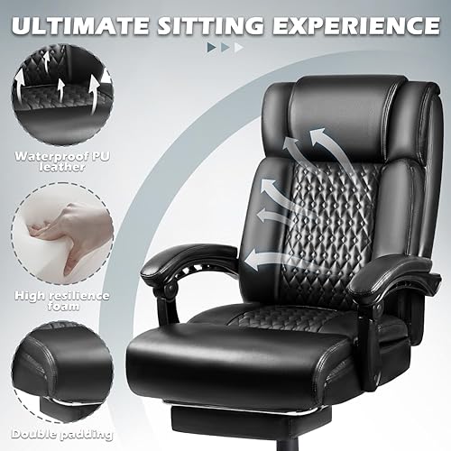 Miniatura 6 de Silla de oficina grande y alta con reposapiés, 400 libras, silla de oficina de cuero ejecutivo resistente para personas pesadas, cómoda silla de